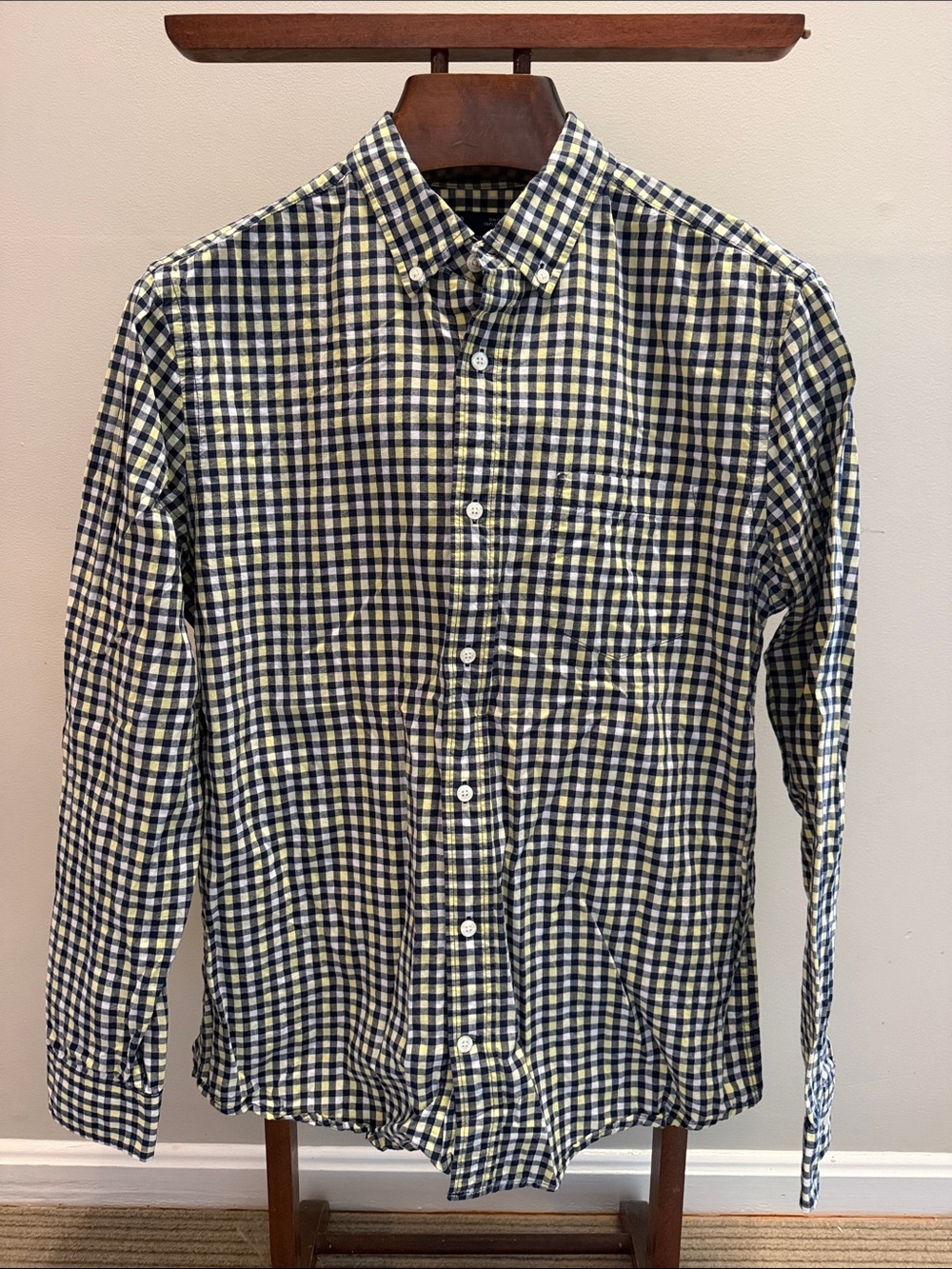 GAP Men's Navy and Yellow Gingham Button-Down Shirt